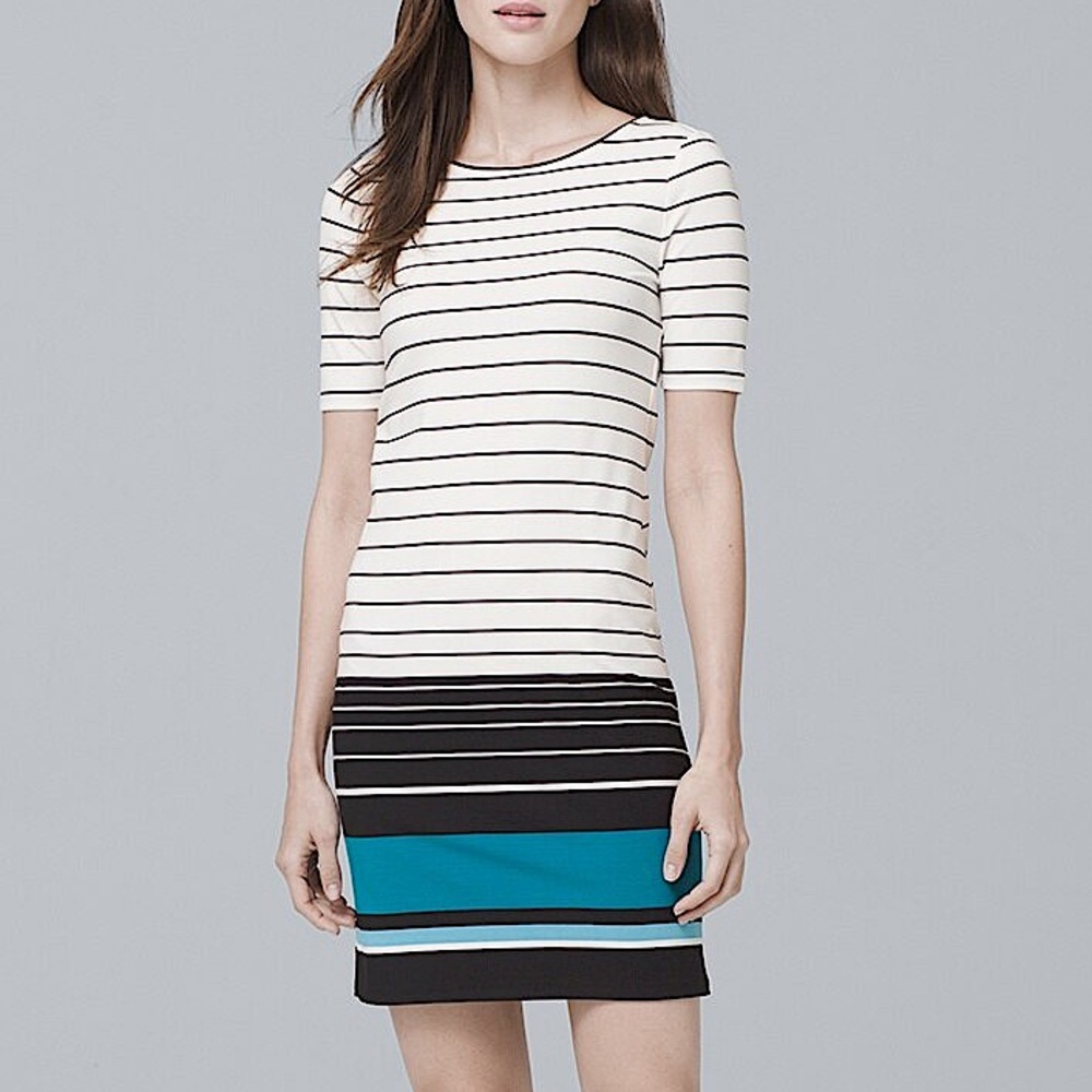 WHBM STRIPE TEAL KNIT SHIFT DRESS